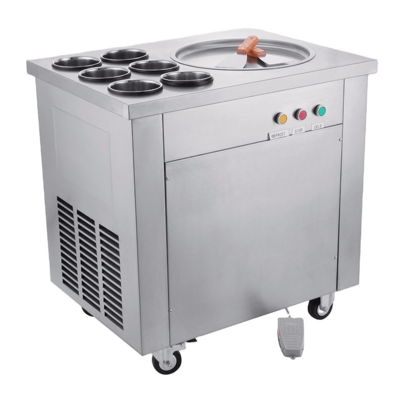 2 फ्लैट पैन और आयातित कंप्रेसर स्टेनलेस स्टील फ्राइड आइसक्रीम रोल के साथ फ्रोजन वाणिज्यिक आइसक्रीम फ्राइंग मशीन